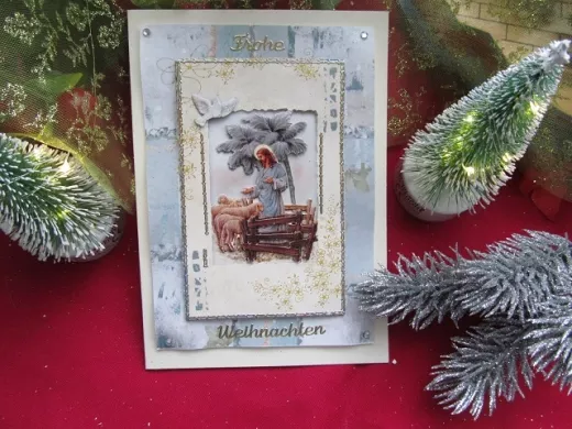 Weihnachtskarte mit Weihnachtsstern-3-D-Motiv Jesus mit Schafen