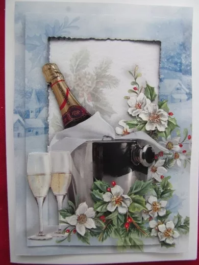 Weihnachtskarte mit Sektflaschen-3-D-Motiv